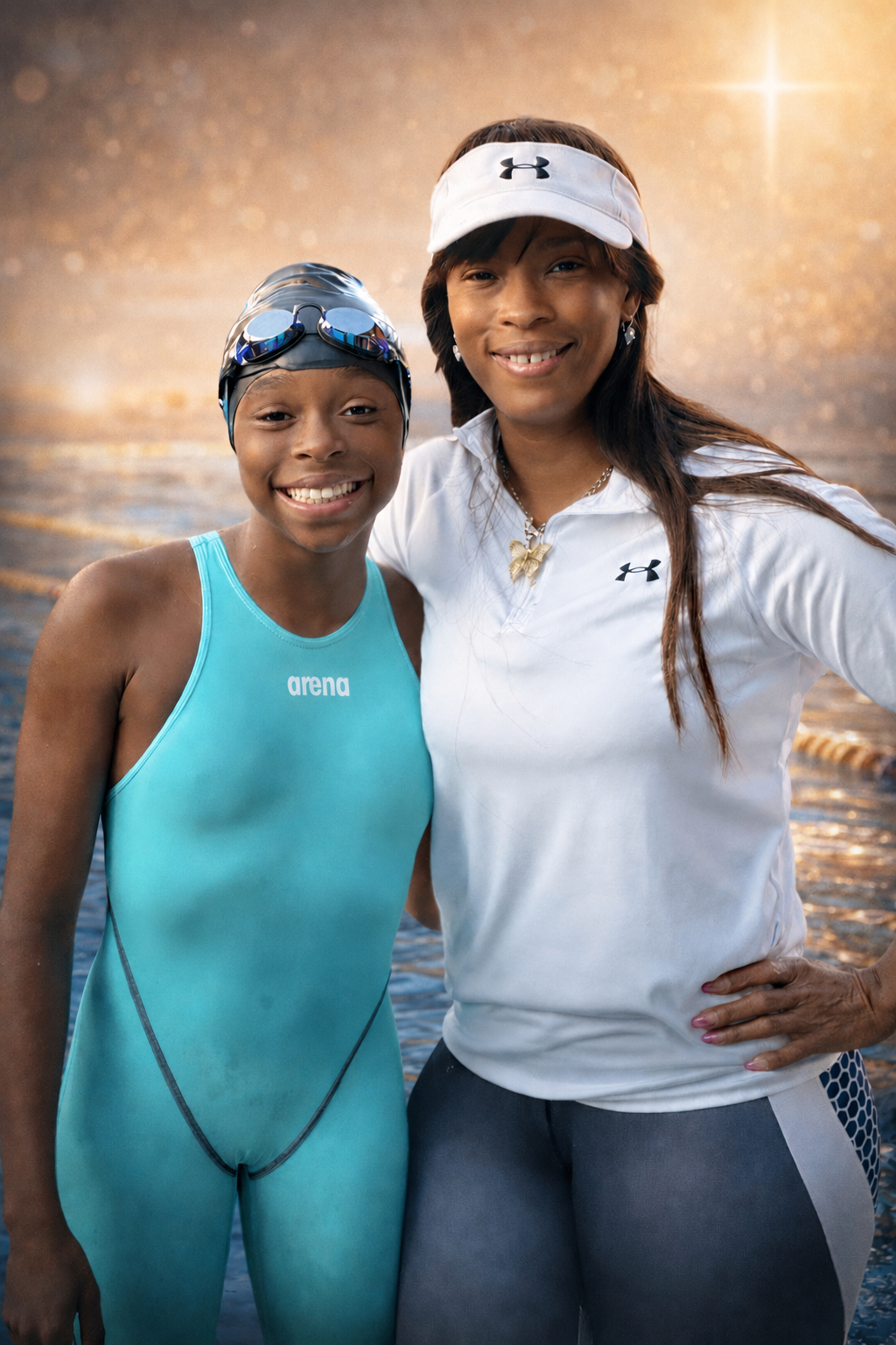 Coach Bobbi Perry with Kira Perry at the pool