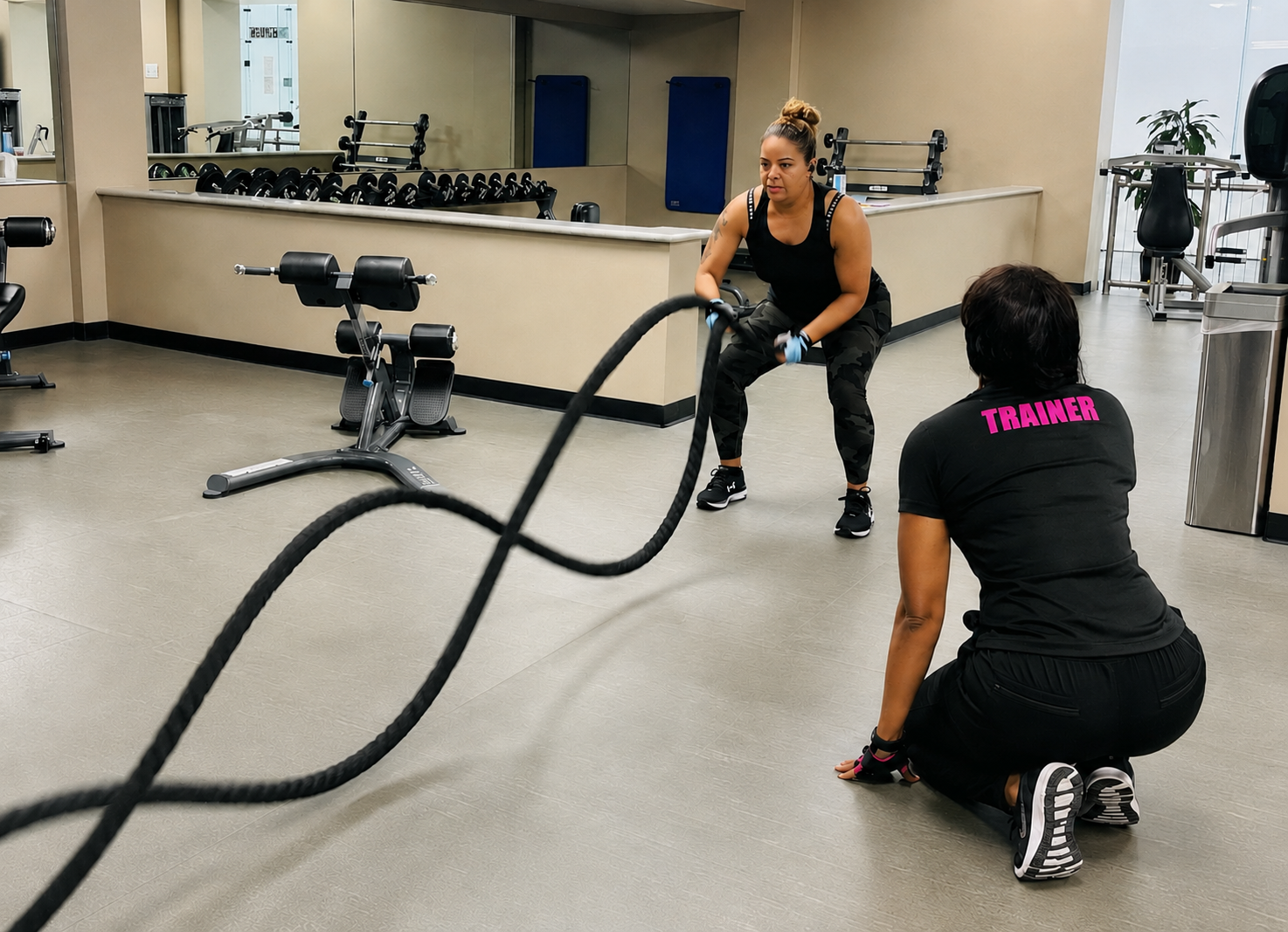 Coach Bobbi Perry guiding a client through battle-rope training