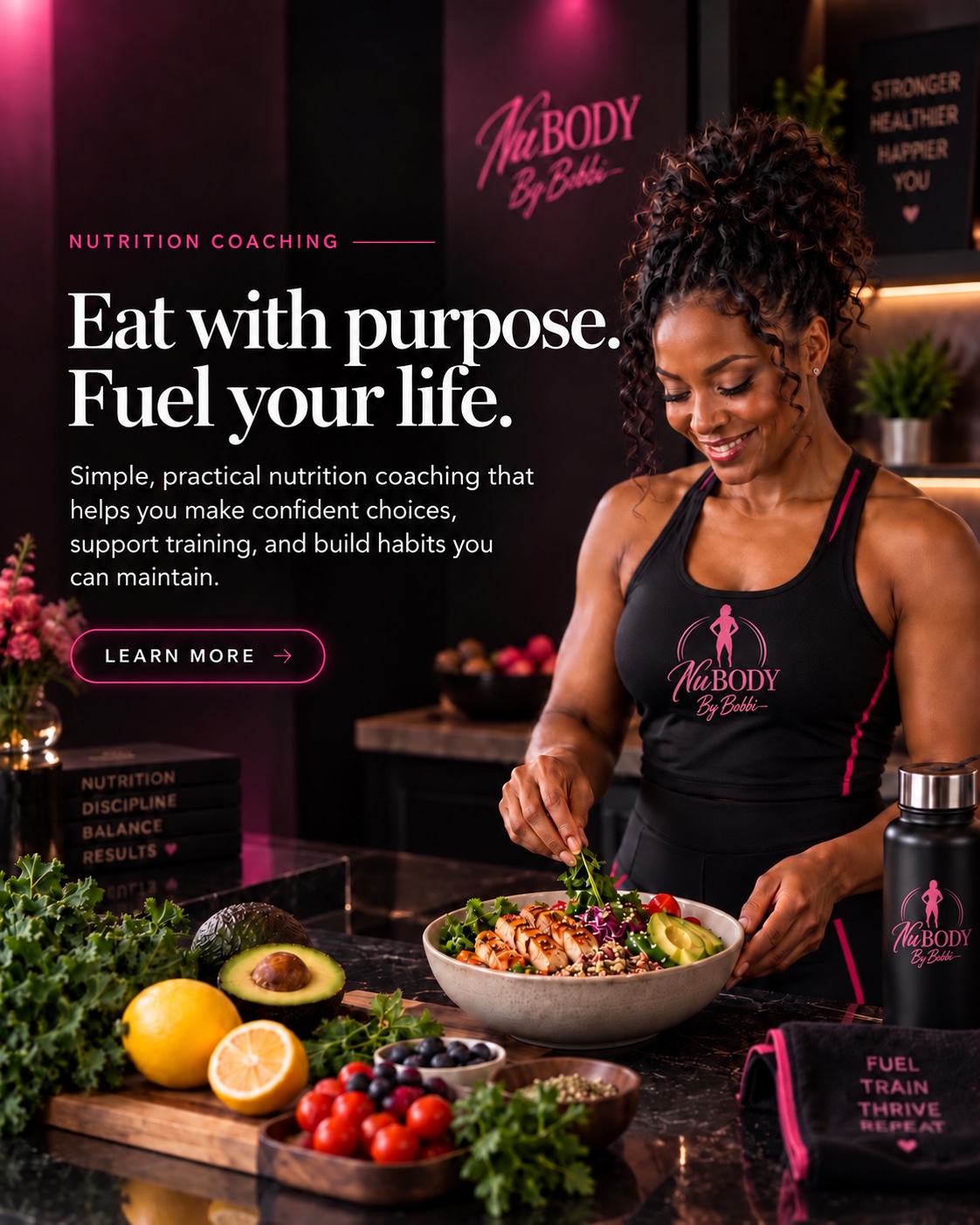 NuBODY Nutrition Coaching card with branded training top