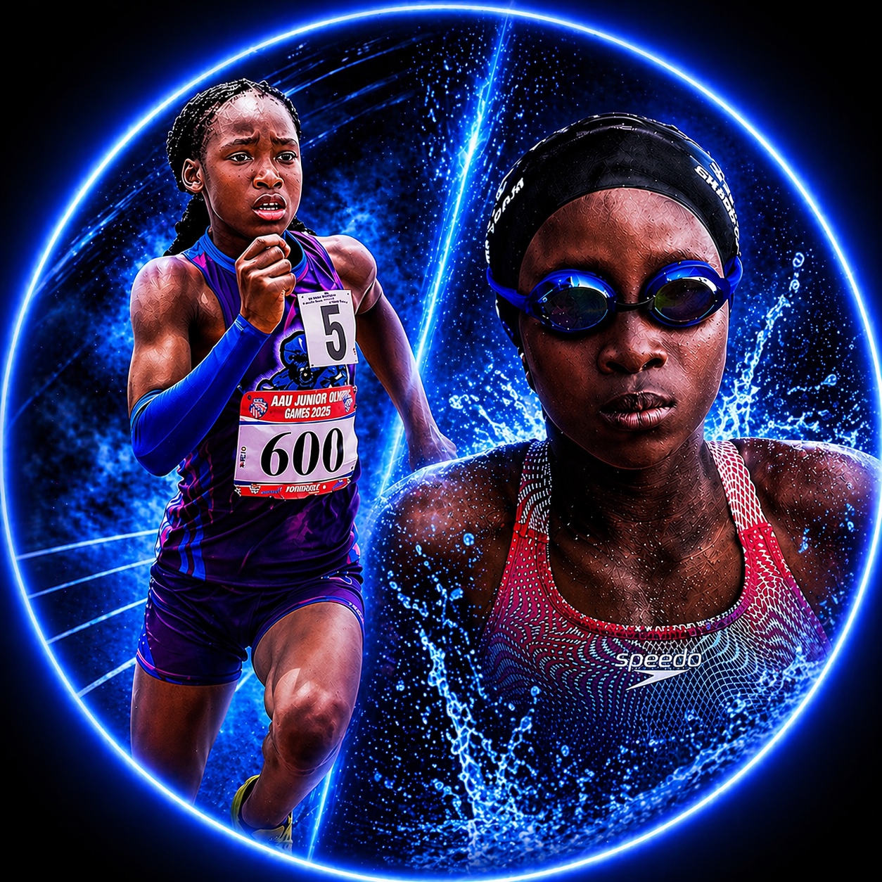 Young athlete competing in track and swimming